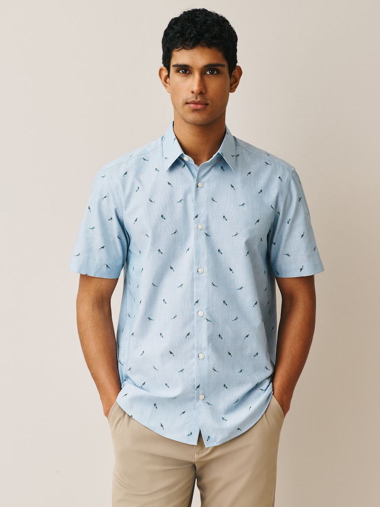 Blue Marl Bird Regular Fit Cotton Rich Easy Care Print Smart Shirt - Image 1 of 7