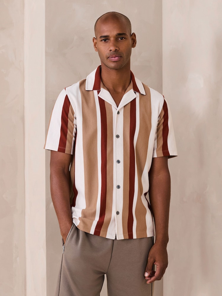 Rust Brown / White Textured Stripe Jersey Shirt - Image 1 of 4 Rust Brown / White Textured Stripe Jersey Shirt - Image 1 of 4