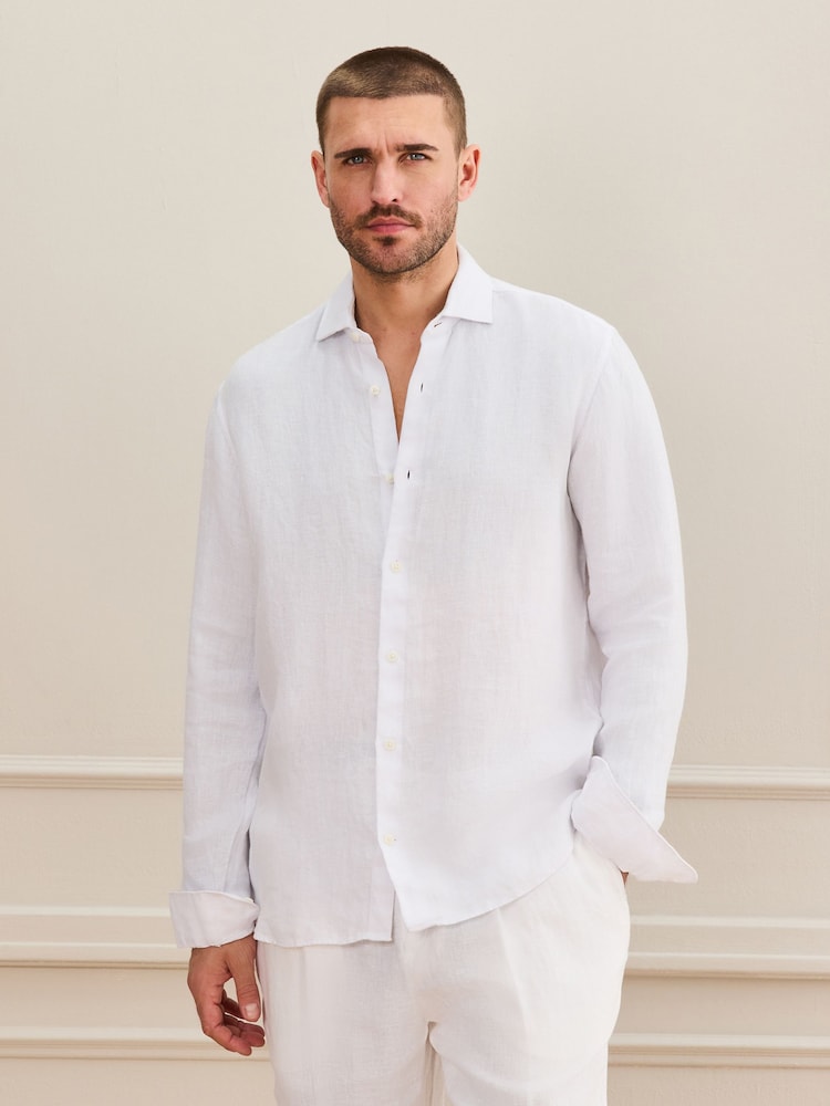 White Regular Fit Signature Basket Weave Linen Long Sleeve Shirt - Image 1 of 7