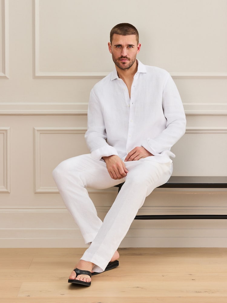 White Regular Fit Signature Basket Weave Linen Long Sleeve Shirt - Image 2 of 7