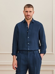 Blue Regular Fit Signature Basket Weave Linen Long Sleeve Shirt - Image 1 of 8