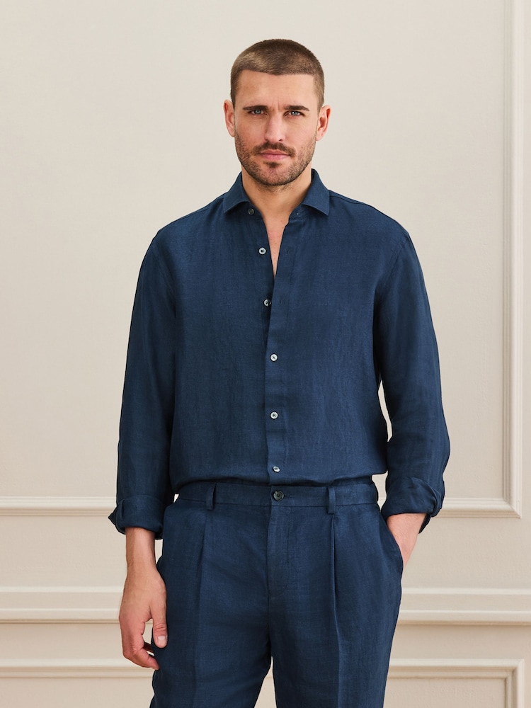 Blue Regular Fit Signature Basket Weave Linen Long Sleeve Shirt - Image 1 of 8