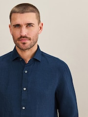 Blue Regular Fit Signature Basket Weave Linen Long Sleeve Shirt - Image 4 of 8