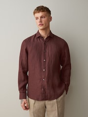 Brown Regular Fit Signature Basket Weave Linen Long Sleeve Shirt - Image 1 of 7