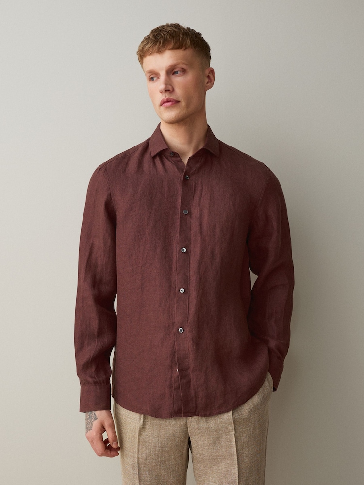 Brown Regular Fit Signature Basket Weave Linen Long Sleeve Shirt - Image 1 of 7