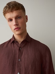 Brown Regular Fit Signature Basket Weave Linen Long Sleeve Shirt - Image 4 of 7