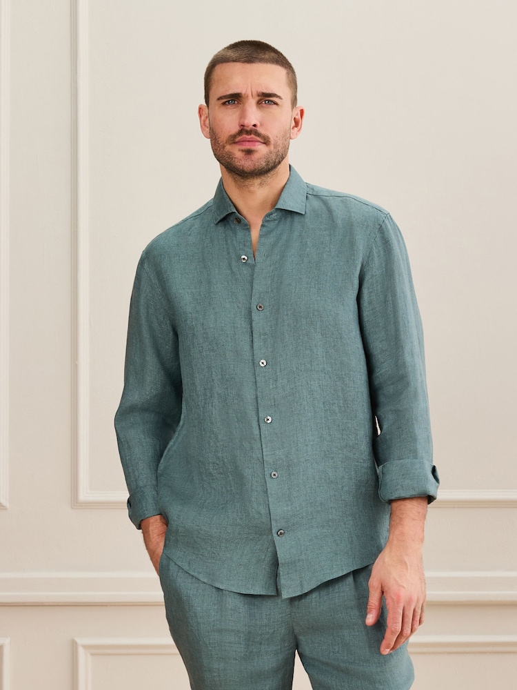 Teal Blue Regular Fit Signature Basket Weave Linen Long Sleeve Shirt - Image 1 of 8