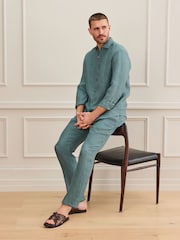 Teal Blue Regular Fit Signature Basket Weave Linen Long Sleeve Shirt - Image 2 of 8