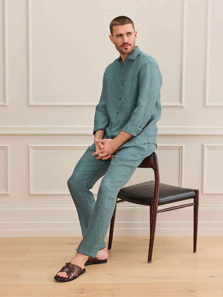 Teal Blue Regular Fit Signature Basket Weave Linen Long Sleeve Shirt - Image 2 of 8