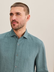Teal Blue Regular Fit Signature Basket Weave Linen Long Sleeve Shirt - Image 4 of 8