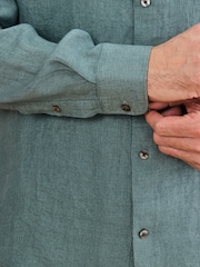 Teal Blue Regular Fit Signature Basket Weave Linen Long Sleeve Shirt - Image 5 of 8