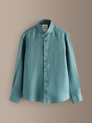 Teal Blue Regular Fit Signature Basket Weave Linen Long Sleeve Shirt - Image 6 of 8
