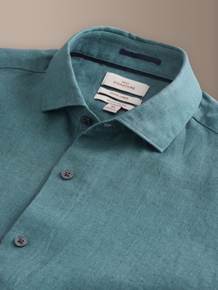 Teal Blue Regular Fit Signature Basket Weave Linen Long Sleeve Shirt - Image 8 of 8