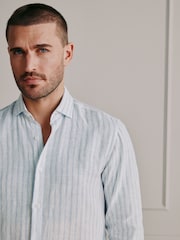 أبيض/أزرق مقلم - قميص أنيق كُم طويل كتان من تشكيلة Signature - صورة 1 من 9