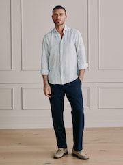 أبيض/أزرق مقلم - قميص أنيق كُم طويل كتان من تشكيلة Signature - صورة 2 من 9