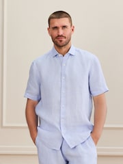 Light Blue Regular Fit Signature Basket Weave Linen Short Sleeve Shirt - Image 1 of 5
