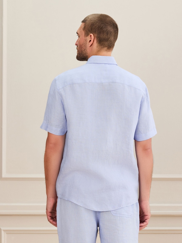 Light Blue Regular Fit Signature Basket Weave Linen Short Sleeve Shirt - Image 2 of 5