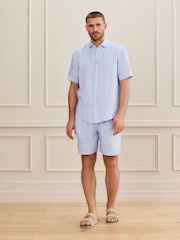 Light Blue Regular Fit Signature Basket Weave Linen Short Sleeve Shirt - Image 4 of 5