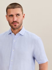 Light Blue Regular Fit Signature Basket Weave Linen Short Sleeve Shirt - Image 5 of 5