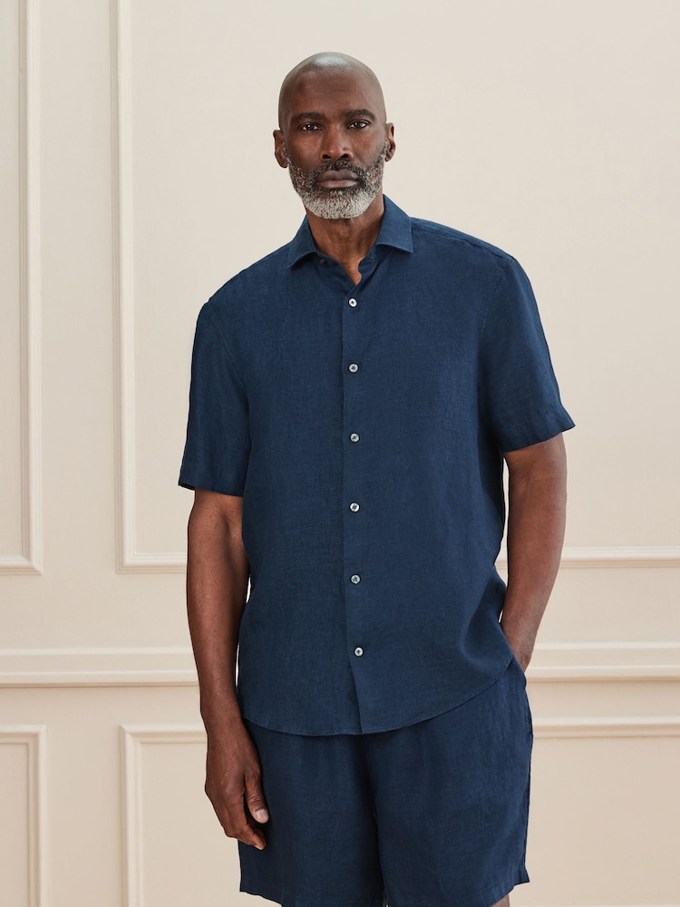 Blue Regular Fit Signature Basket Weave Linen Short Sleeve Shirt - Image 1 of 6 Blue Regular Fit Signature Basket Weave Linen Short Sleeve Shirt - Image 1 of 6