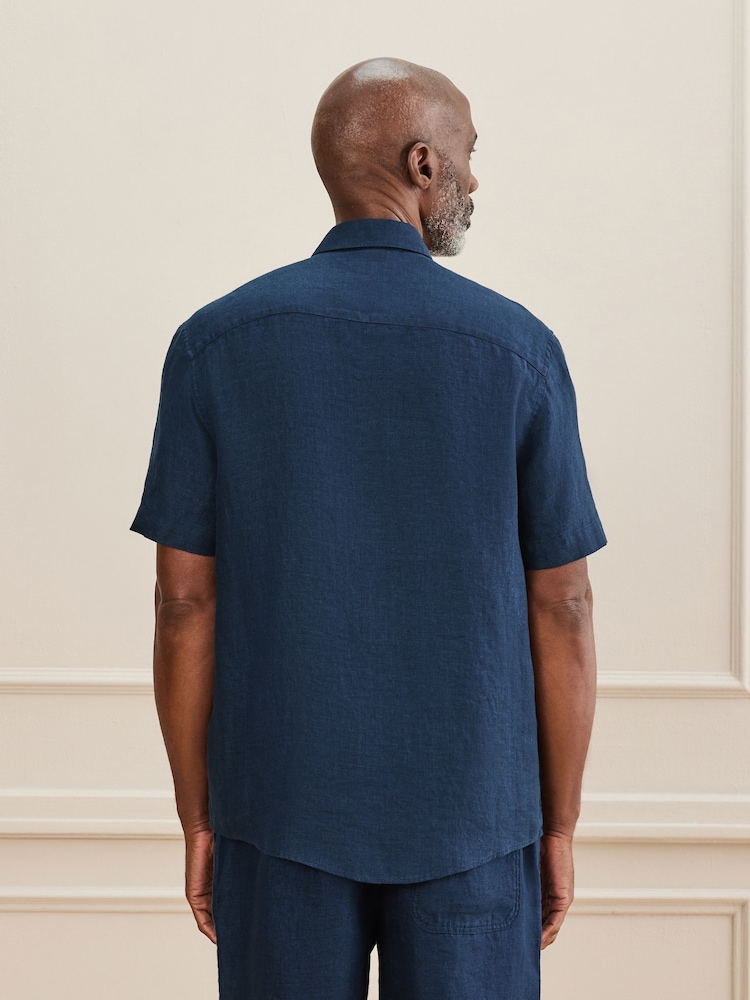 Blue Regular Fit Signature Basket Weave Linen Short Sleeve Shirt - Image 2 of 6 Blue Regular Fit Signature Basket Weave Linen Short Sleeve Shirt - Image 2 of 6