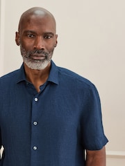 Blue Regular Fit Signature Basket Weave Linen Short Sleeve Shirt - Image 3 of 6