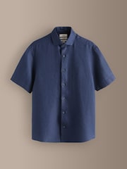 Blue Regular Fit Signature Basket Weave Linen Short Sleeve Shirt - Image 4 of 6
