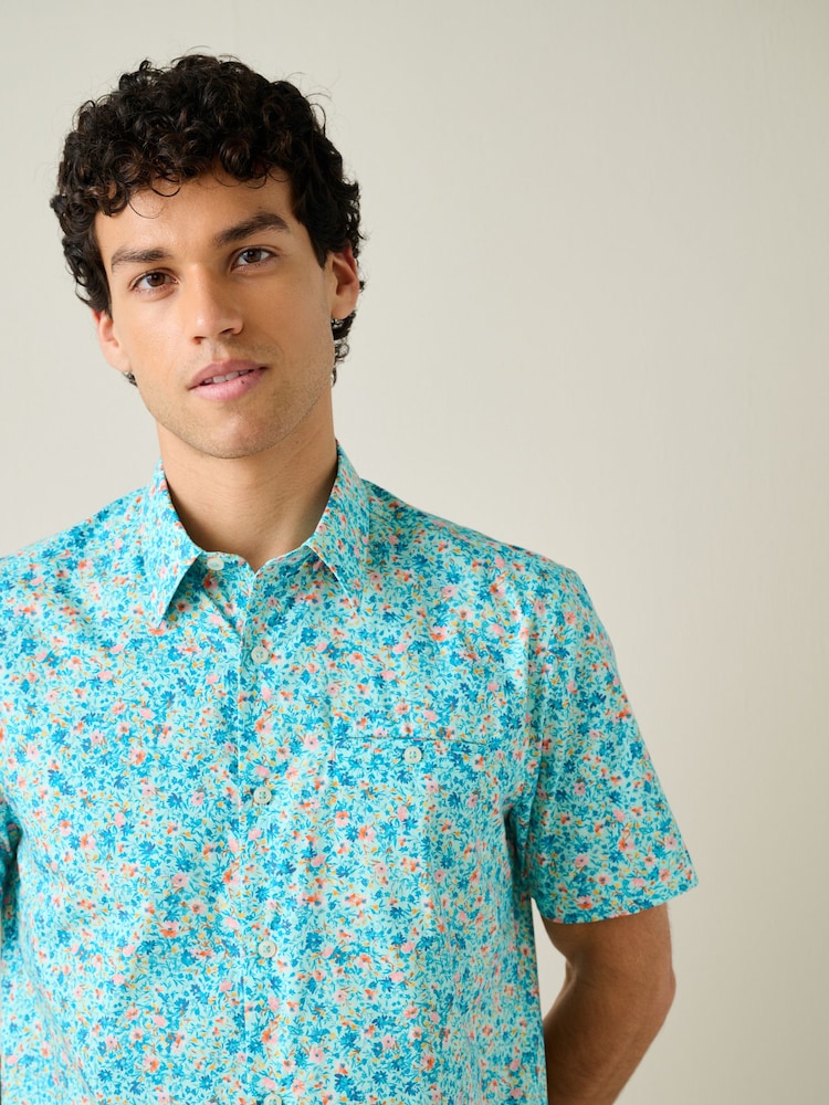 Blue Multicolour Ditsy Regular Fit Cotton Short Sleeve Print Shirt - Image 1 of 8