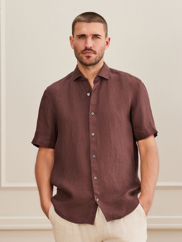 Brown Regular Fit Signature Basket Weave Linen Short Sleeve Shirt - Image 1 of 6 Brown Regular Fit Signature Basket Weave Linen Short Sleeve Shirt - Image 1 of 6