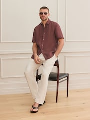 Brown Regular Fit Signature Basket Weave Linen Short Sleeve Shirt - Image 2 of 6