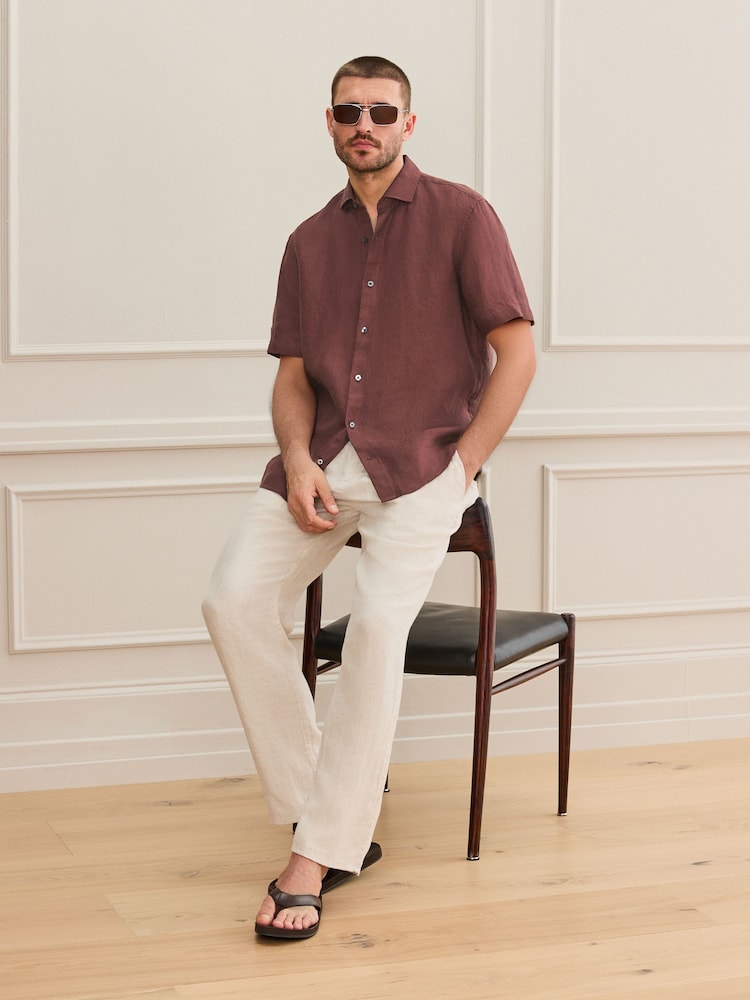 Brown Regular Fit Signature Basket Weave Linen Short Sleeve Shirt - Image 2 of 6 Brown Regular Fit Signature Basket Weave Linen Short Sleeve Shirt - Image 2 of 6
