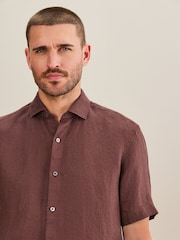 Brown Regular Fit Signature Basket Weave Linen Short Sleeve Shirt - Image 4 of 6