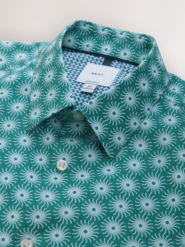Green Sun Geometric Regular Fit Cotton Rich Easy Care Print Smart Shirt - Image 8 of 8