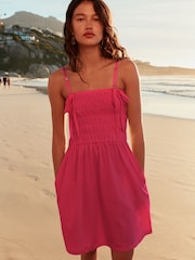 Pink Square Neck Shirred Strappy Mini Dress - Image 1 of 7