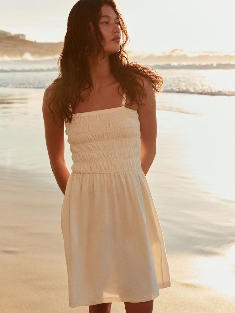 Yellow Square Neck Shirred Strappy Mini Dress - Image 2 of 5