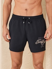 Negru - Waffle Texture Embroidered Graphic 5 Inch Swim Shorts - Imaginea 1 din 11