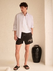 Negru - Waffle Texture Embroidered Graphic 5 Inch Swim Shorts - Imaginea 3 din 11