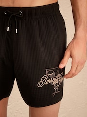 Negru - Waffle Texture Embroidered Graphic 5 Inch Swim Shorts - Imaginea 6 din 11