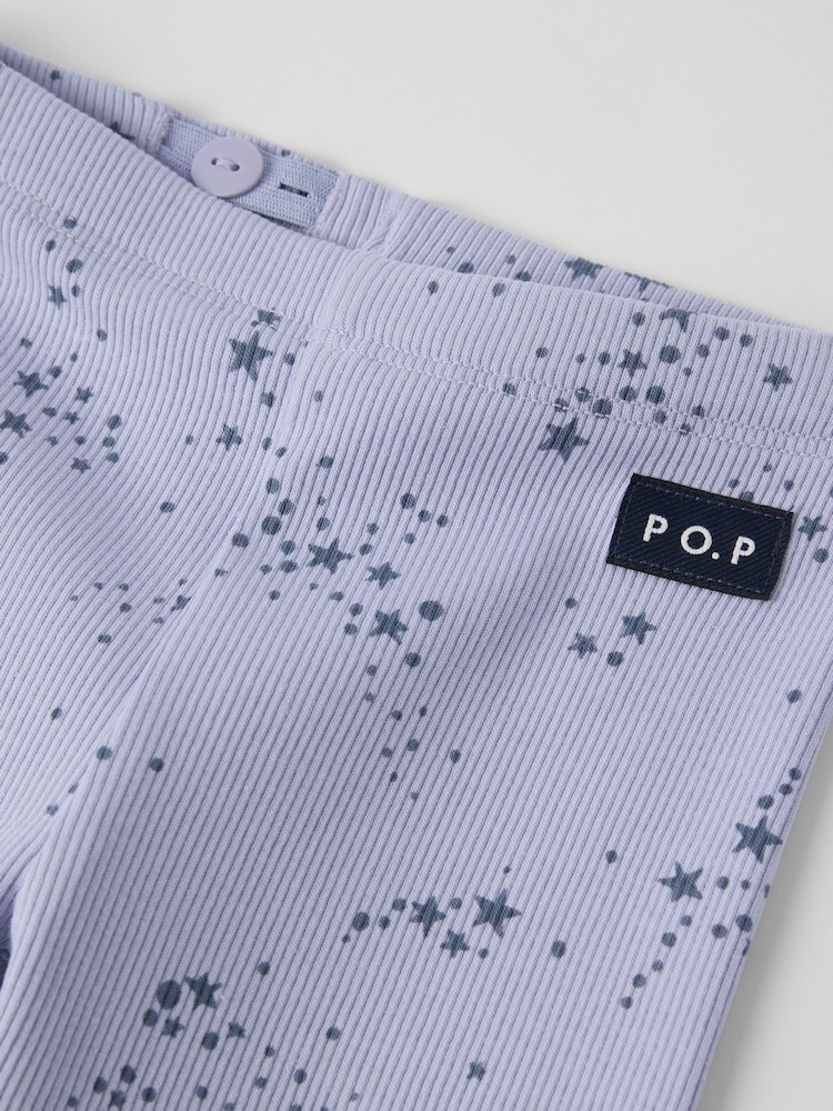 Polarn O. Pyret Purple Cotton Ribbed Lavender Print Leggings - Image 2 of 3 Polarn O. Pyret Purple Cotton Ribbed Lavender Print Leggings - Image 2 of 3