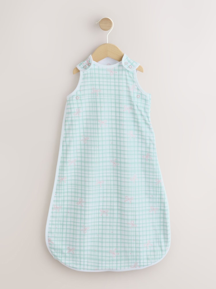 Green/Pink Gingham Bows 0.5 Tog Sleeveless Baby Sleep Bag - Image 1 of 6 Green/Pink Gingham Bows 0.5 Tog Sleeveless Baby Sleep Bag - Image 1 of 6