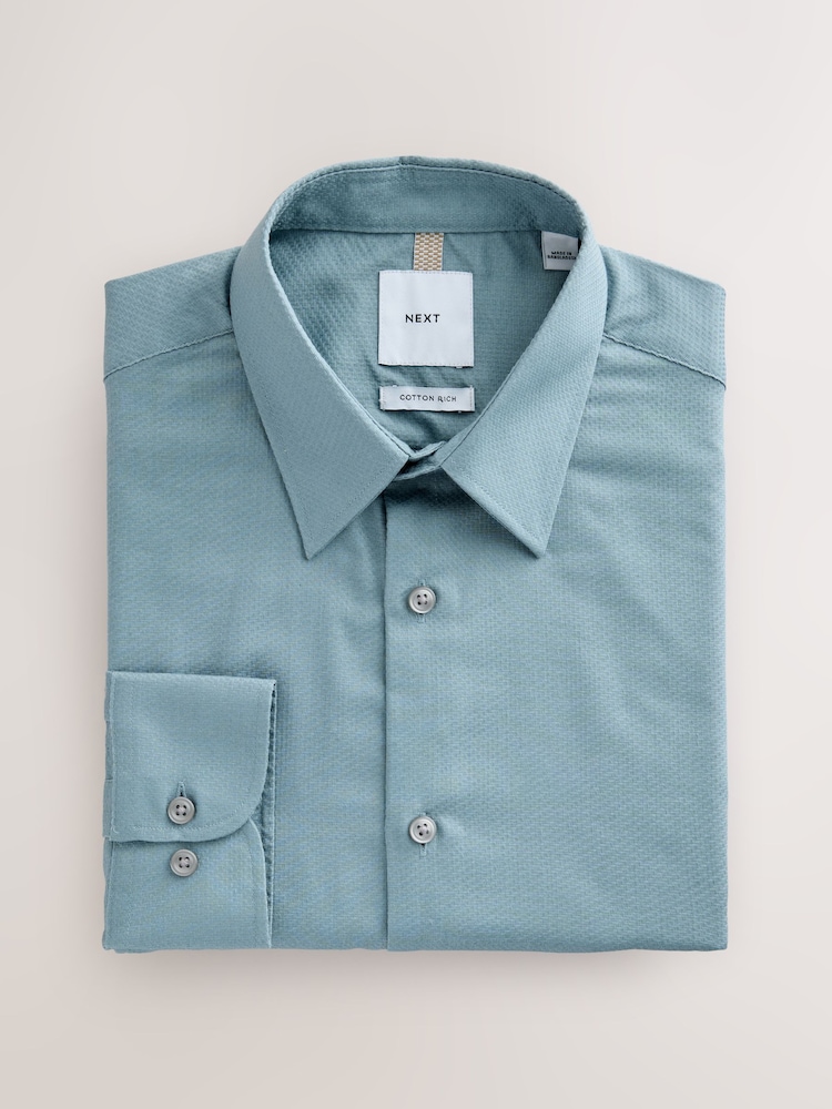 Teal Blue Slim Fit Cotton Rich Textured Easy Care Smart Shirt - Image 1 of 3