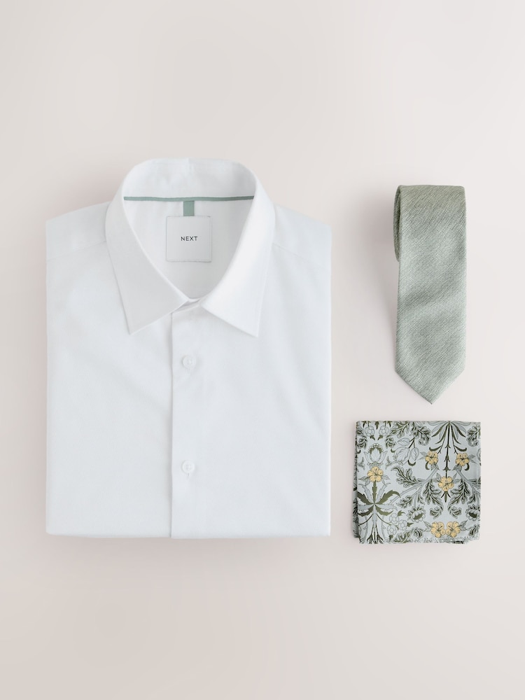 White/Sage Green Slim Fit Shirt, Tie, Pocket Square and Cufflink Occassion Set - Image 1 of 7