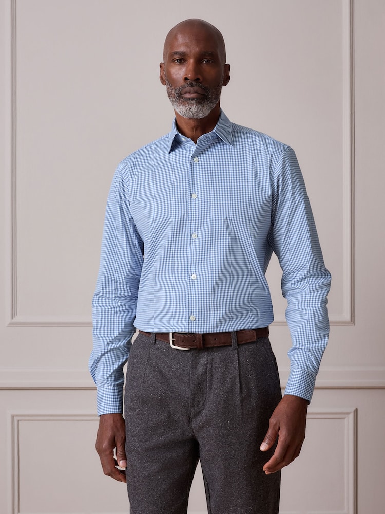 蓝色 方格棉布 - 100% 纯棉签名衬衫 - 10的图像1｝