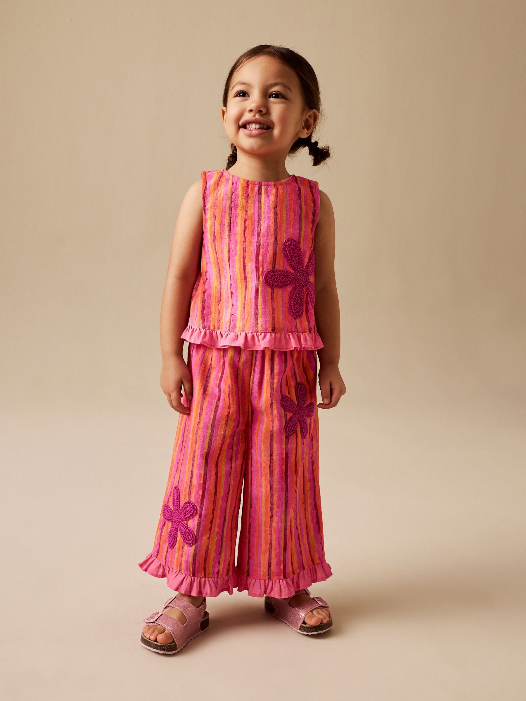 Buy Pink/ Orange Stripe / Crochet Flowers Top & Trousers Set