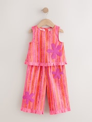 Pink/ Orange Stripe / Crochet Flowers Top & Trousers Set (3mths-7yrs) - Image 1 of 5