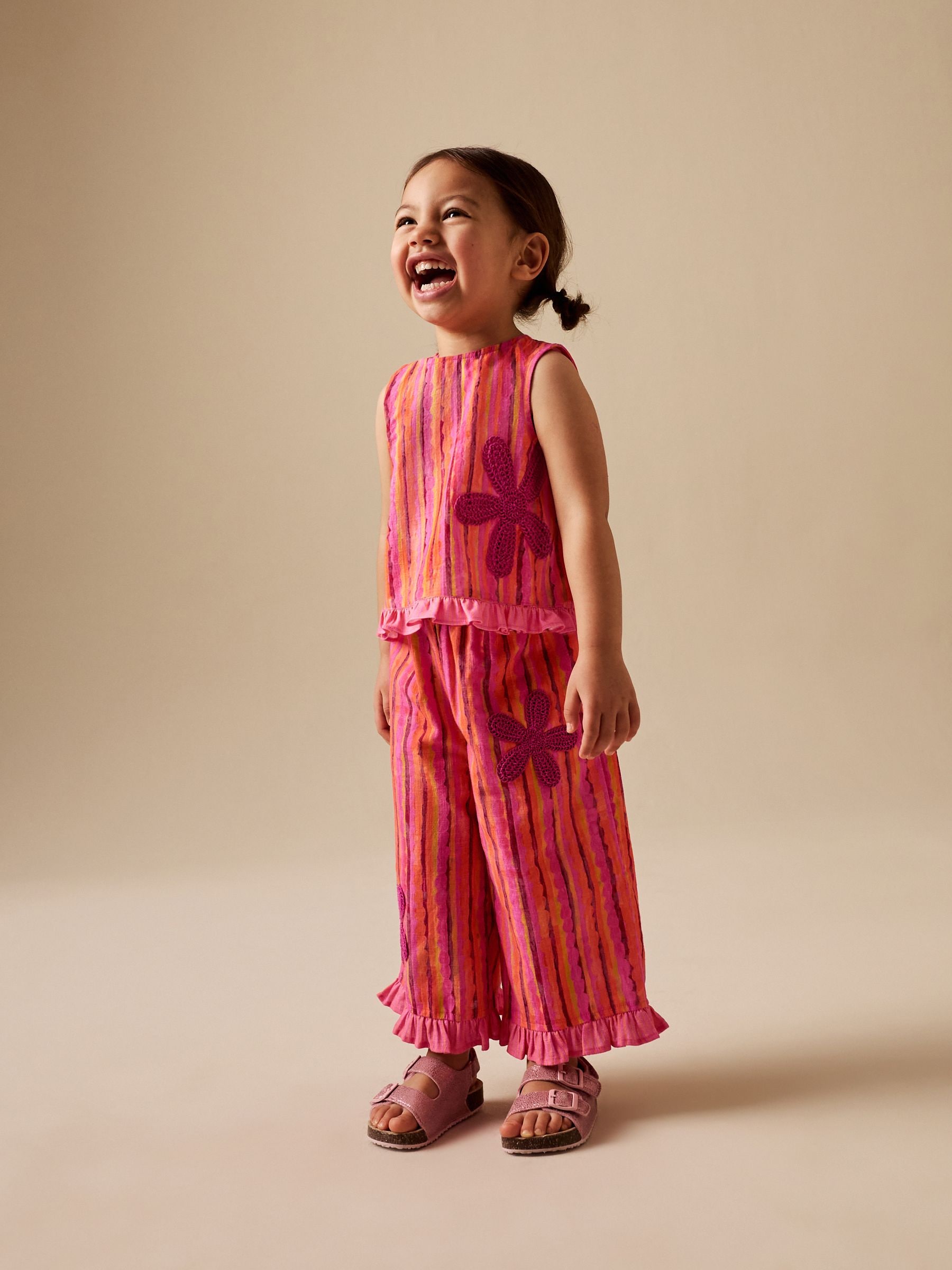 Buy Pink/ Orange Stripe / Crochet Flowers Top & Trousers Set