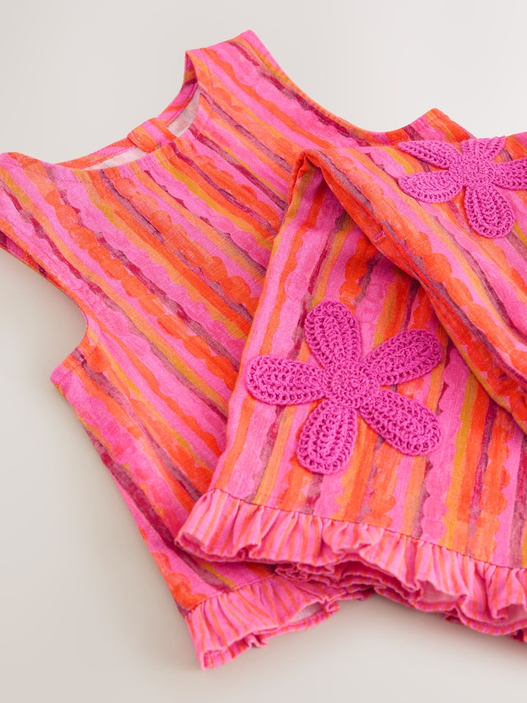 Pink/ Orange Stripe / Crochet Flowers Top & Trousers Set (3mths-7yrs) - Image 5 of 5