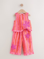 Pink/ Orange Stripe / Crochet Flowers Top & Trousers Set (3mths-7yrs) - Image 6 of 9