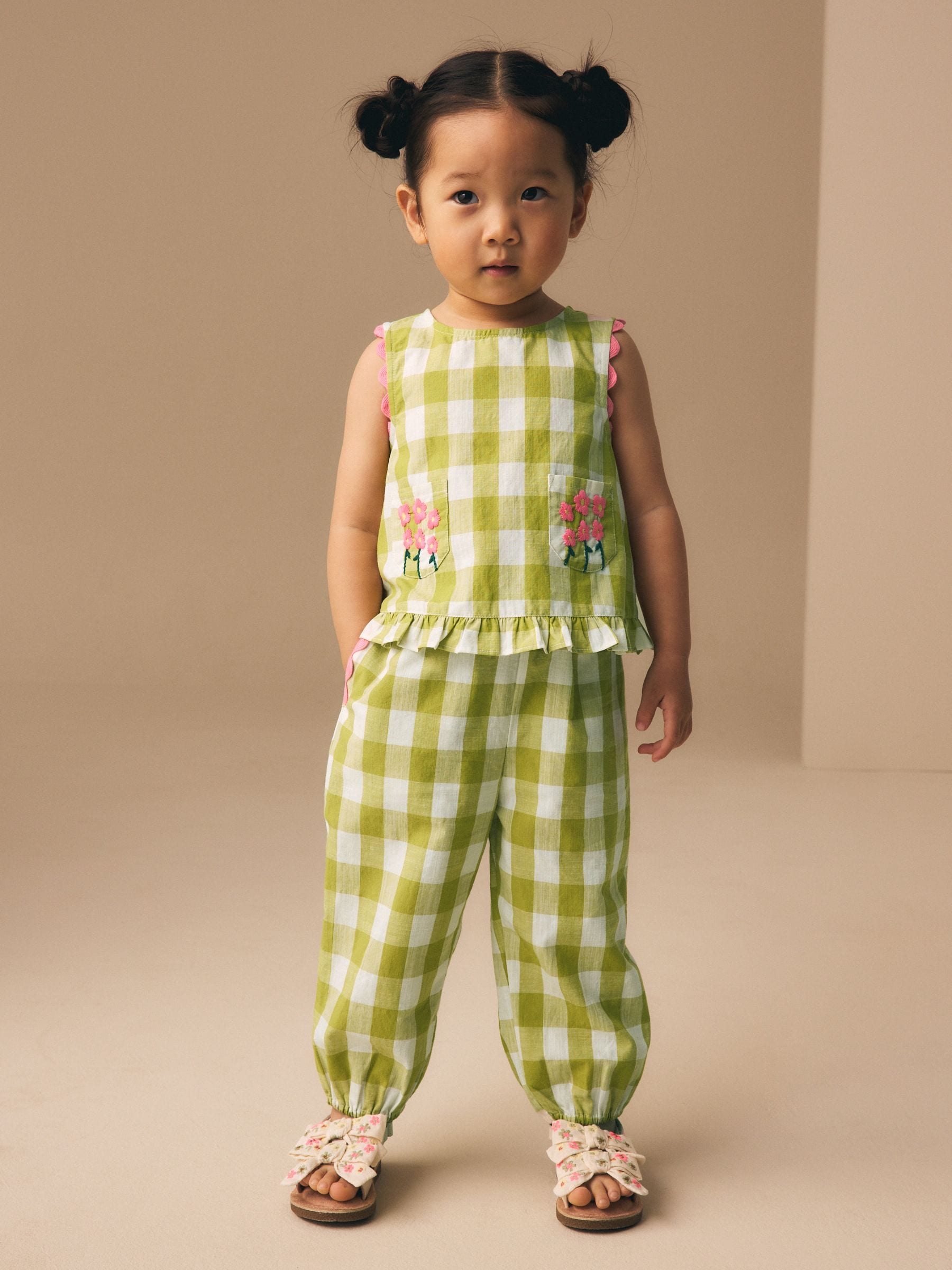 Buy Olive Green Gingham Top & Cuffed Trousers Set (3mths-7yrs