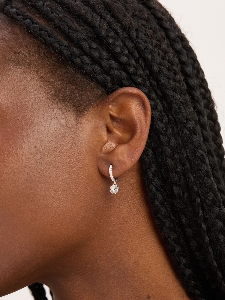 Simply Silver Sterling Silver 925 Cubic Zirconia Polished Clover Charm Hoop Earrings - Image 2 of 2